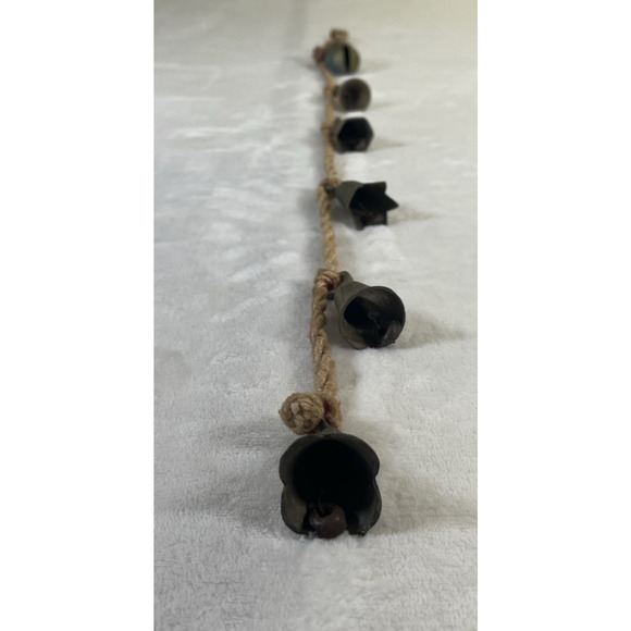 Vintage Rustic Handmade 6 Brass Wind Bells Charms On Rope Great Sound, India - Picture 2 of 11
